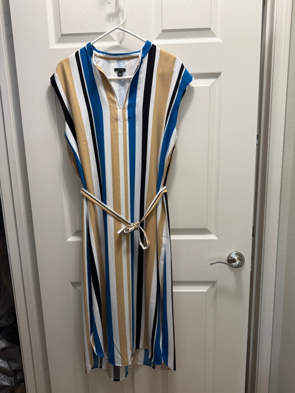 Ann Taylor Striped V-Neck Midi Dress - Blue, Tan, Black & White